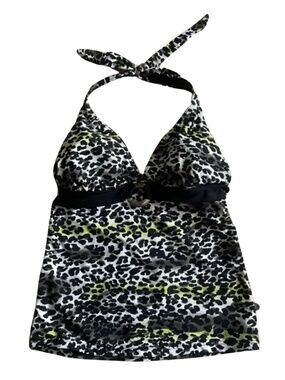 La Vie En Rose Black White Brown & Neon Leopard Halter Tankini Top w Brass Hoop